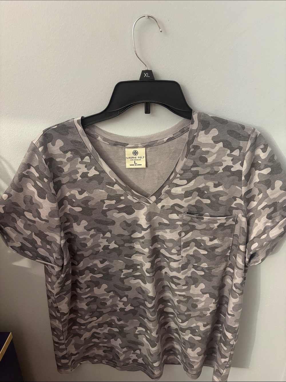 Laurie Felt Gray Camo V-Neck Pocket Tee